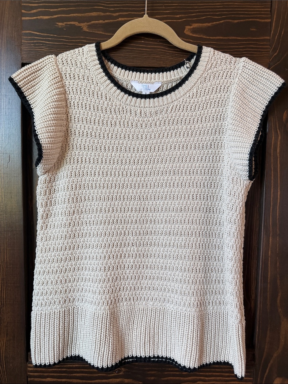 Time and Tru Cream Knit Sleeveless Sweater with Black Trim